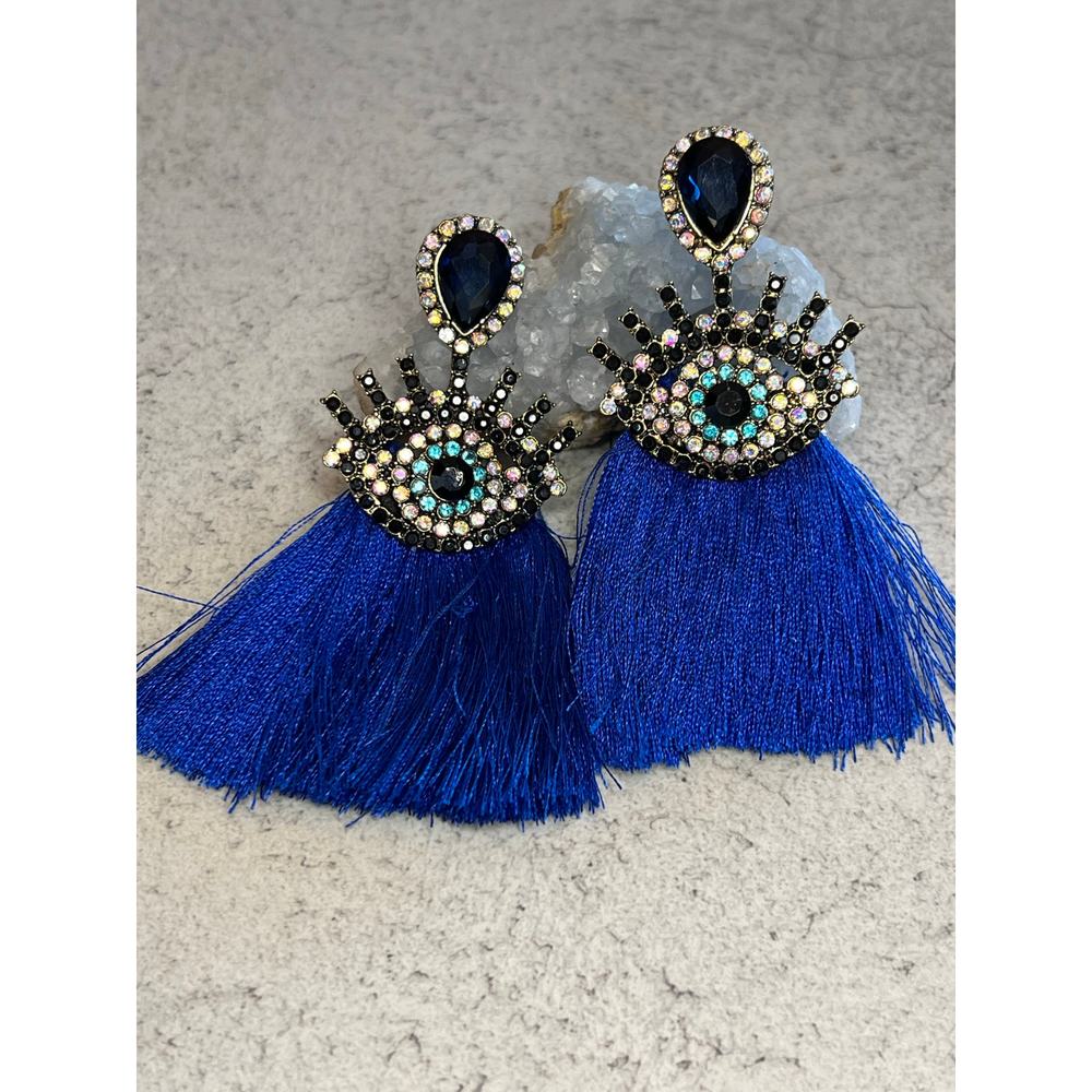 Good Vibes Evil Eye statement earrings rhinestone blue tassel boho energy symbol